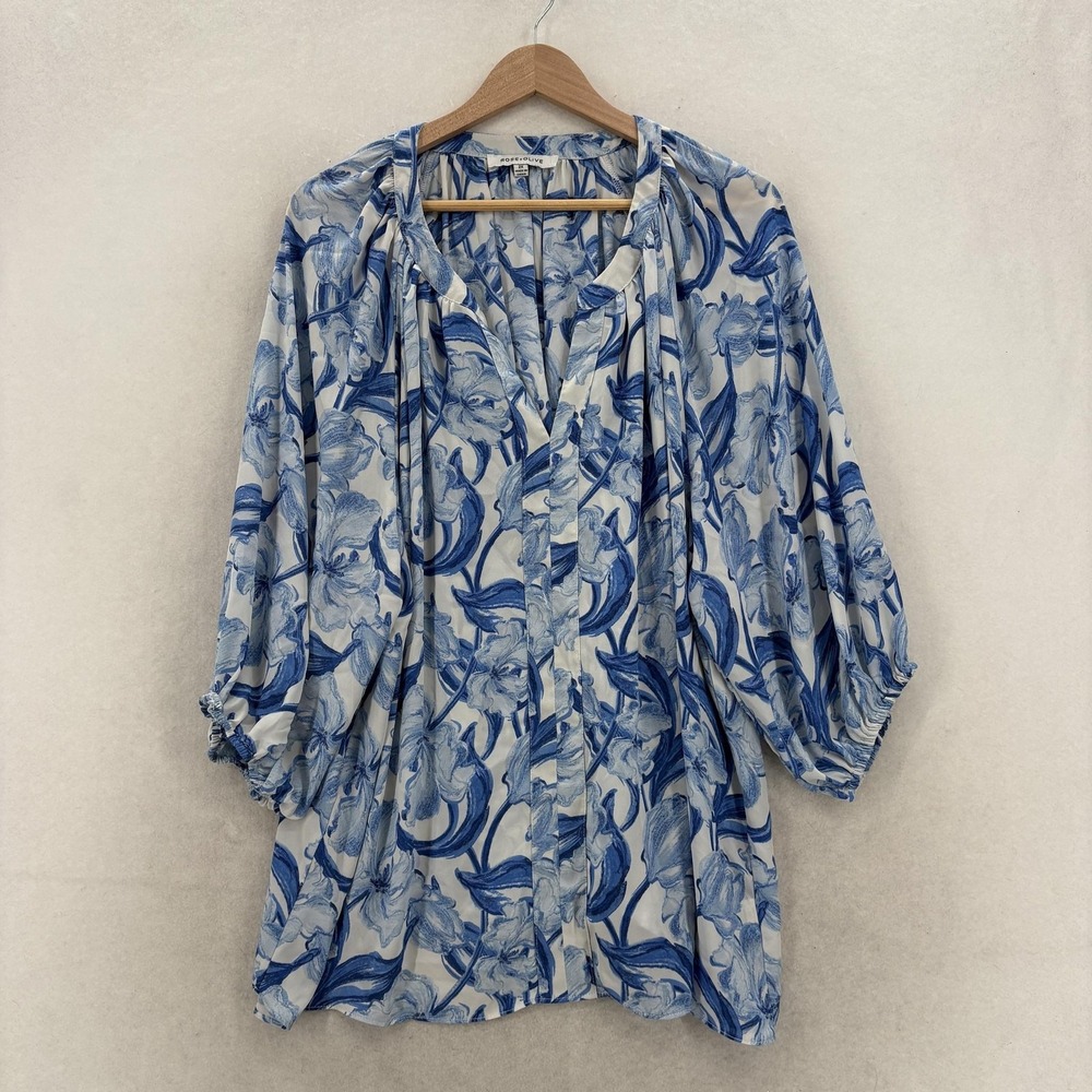 Rose + Olive Blouse Womens 2X Plus Blue Floral V Neck 3/4 Sleeve Tunic Boho Prep